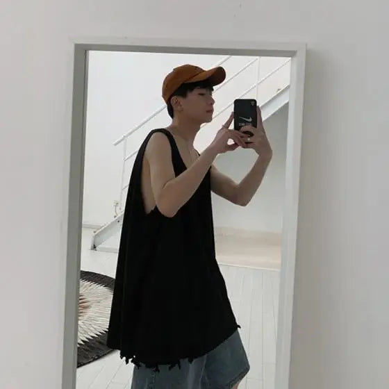 Hip Hop Streetwear Men Retro Old Vest Harajuku Multicolors Oversized Tank Tops Summer Sleeveless T-shirt Solid Color Tees