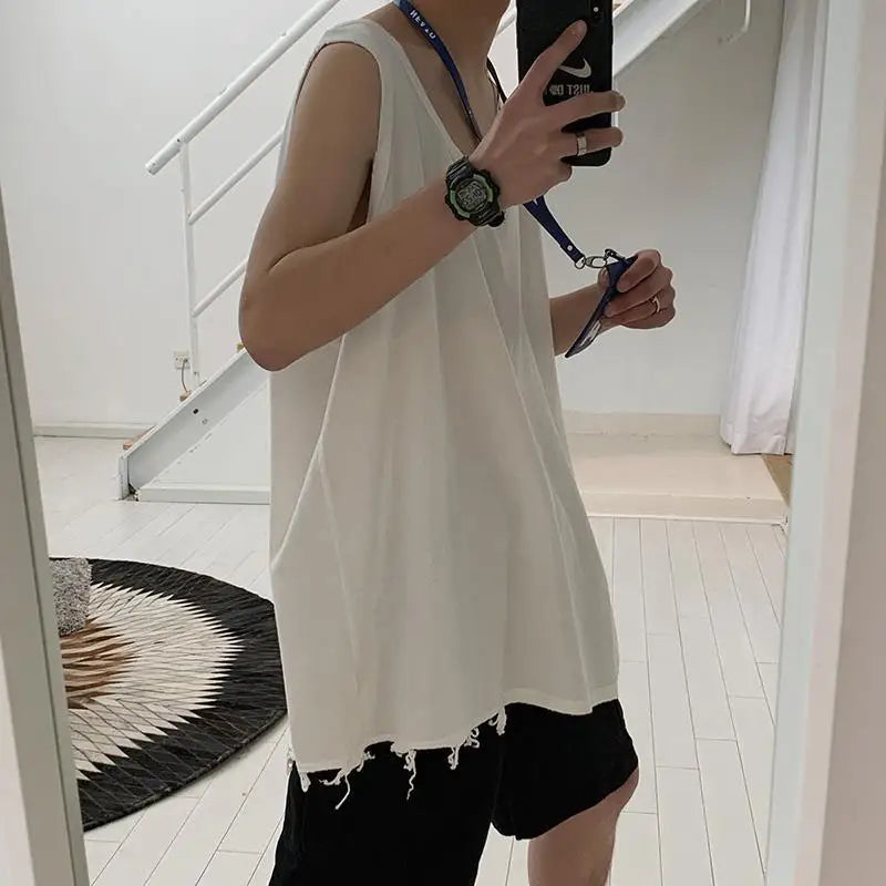 Hip Hop Streetwear Men Retro Old Vest Harajuku Multicolors Oversized Tank Tops Summer Sleeveless T-shirt Solid Color Tees