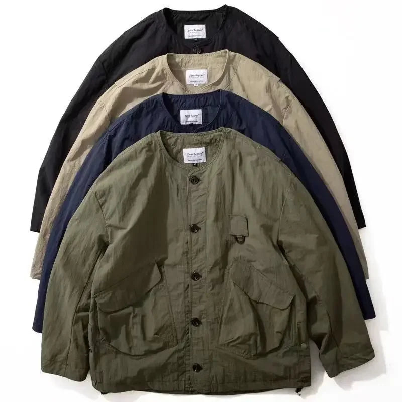 Spring Autumn Mountain Style O-neck Large Pocktes Outdoor Jackets Men's American Solid Color Loose Casual Single Breasted Coats