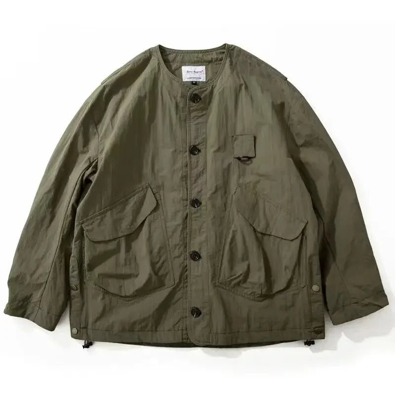 Spring Autumn Mountain Style O-neck Large Pocktes Outdoor Jackets Men's American Solid Color Loose Casual Single Breasted Coats