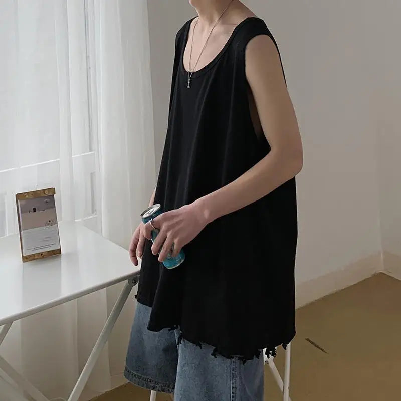 Hip Hop Streetwear Men Retro Old Vest Harajuku Multicolors Oversized Tank Tops Summer Sleeveless T-shirt Solid Color Tees