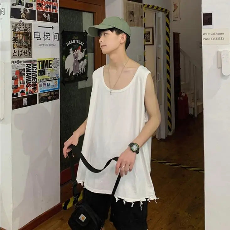Hip Hop Streetwear Men Retro Old Vest Harajuku Multicolors Oversized Tank Tops Summer Sleeveless T-shirt Solid Color Tees