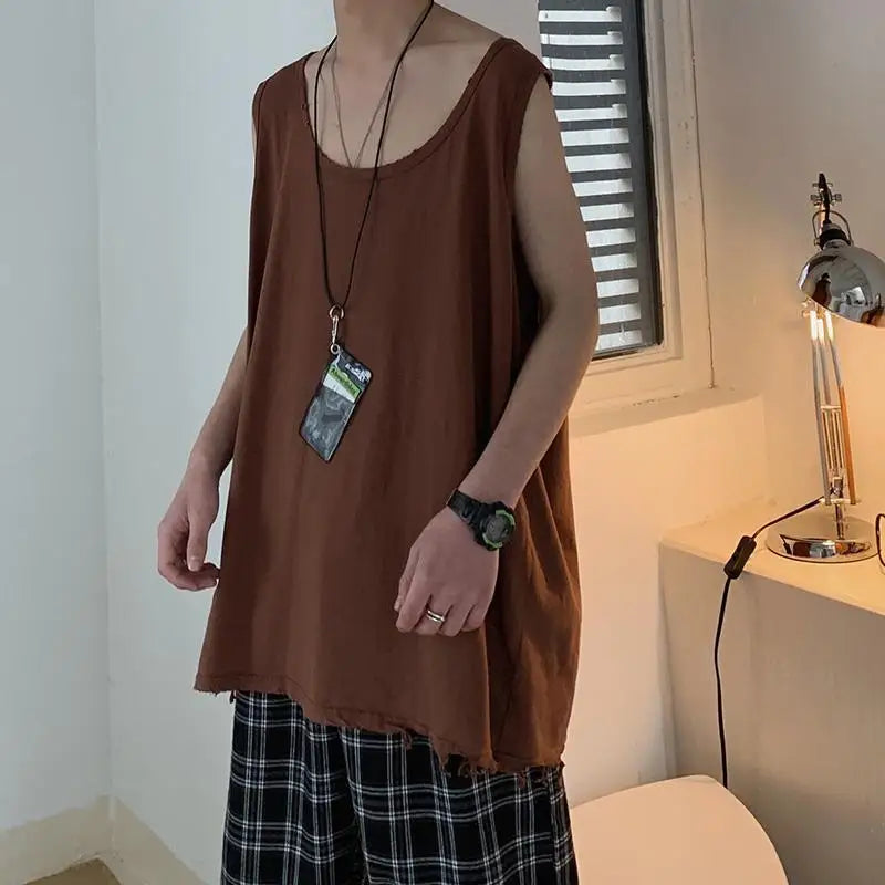 Hip Hop Streetwear Men Retro Old Vest Harajuku Multicolors Oversized Tank Tops Summer Sleeveless T-shirt Solid Color Tees